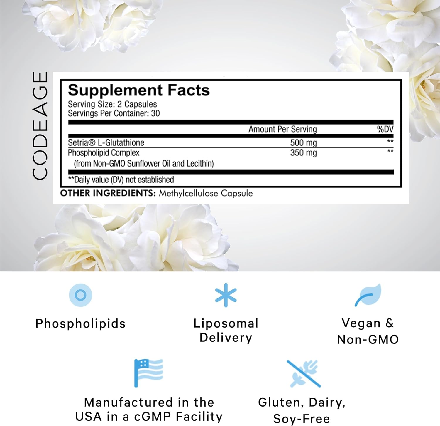 Codeage Liposomal Glutathione Supplement - Pure Reduced Setria L Glutathione Skin Pills-Vegan, Non-GMO-60 Capsules